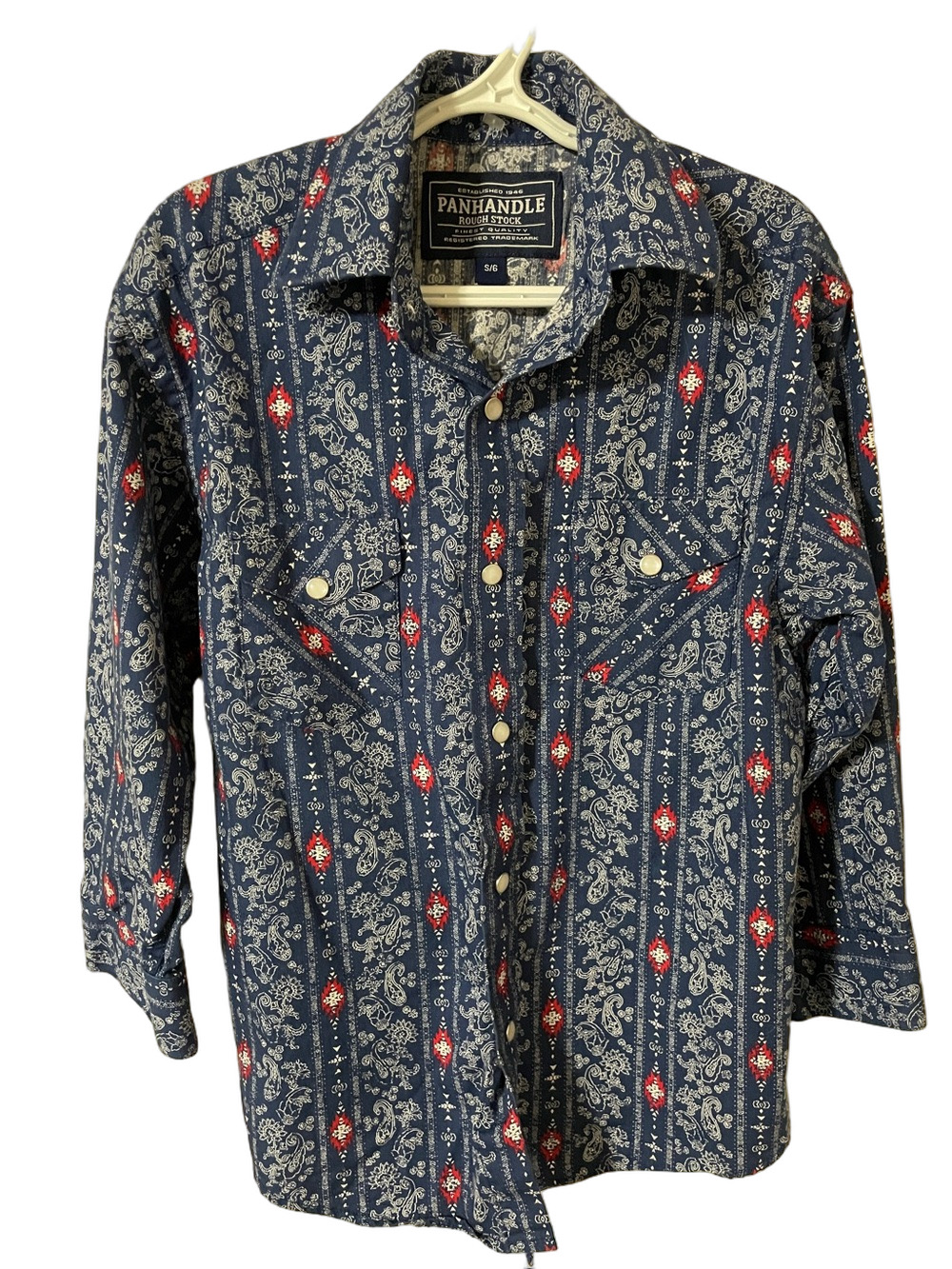 Panhandle Slim Navy Paisley Western Pearl Snap Shirt with Red Accents Size 5/6
